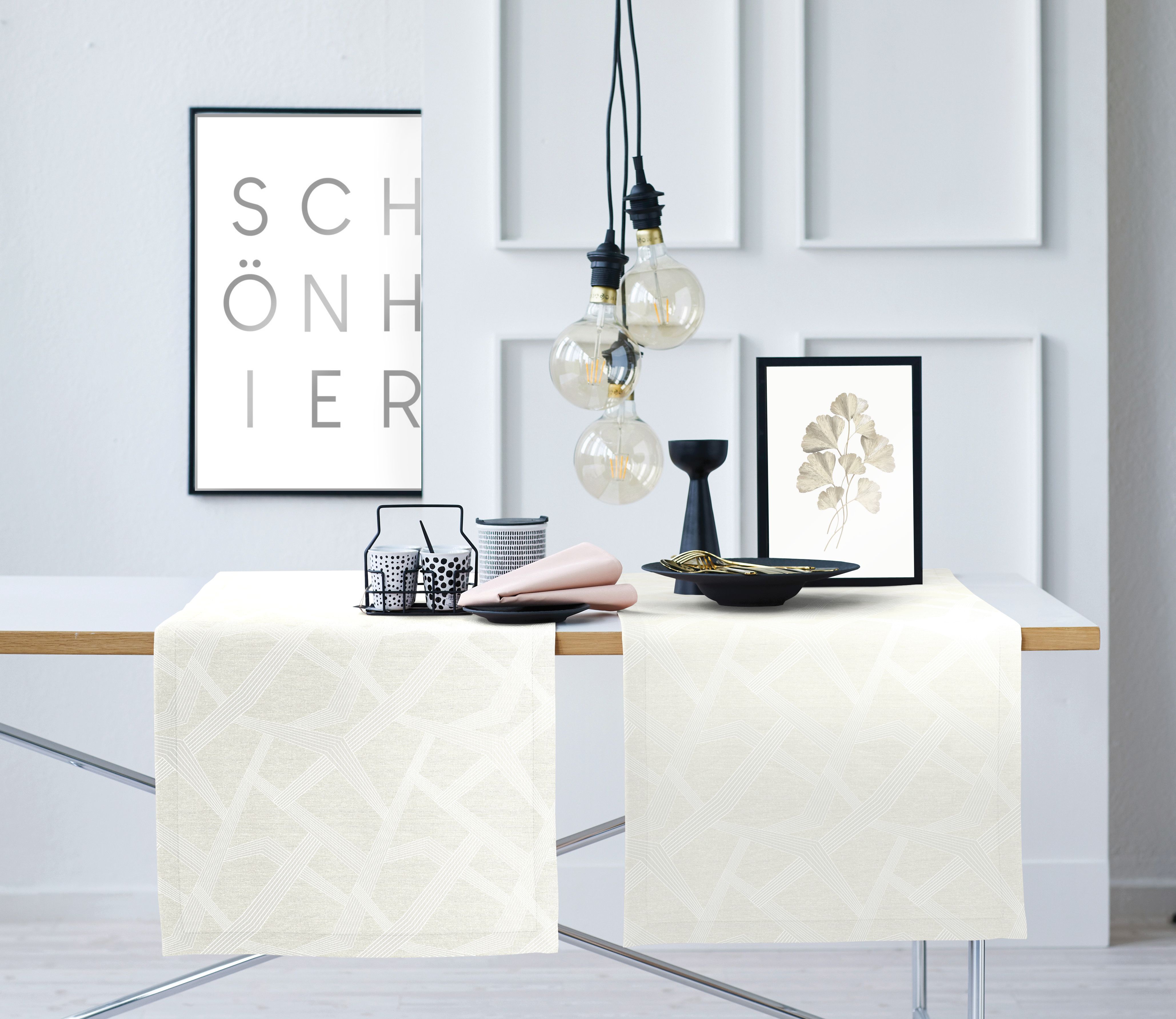 Tischläufer APELT "Domino", beige (natur), B:140cm L:44cm, Polyester, Viskose, Tischdecken, Tischläufer natur B/L: 140cm x 44cm, 1 Stk., rechteckig