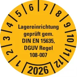 Dreifke® Prüfplakette Lagereinrichtung, DGUV Info.208-061, 2026, gelb, Dokumentenfolie, Ø30mm, 18 Stk.