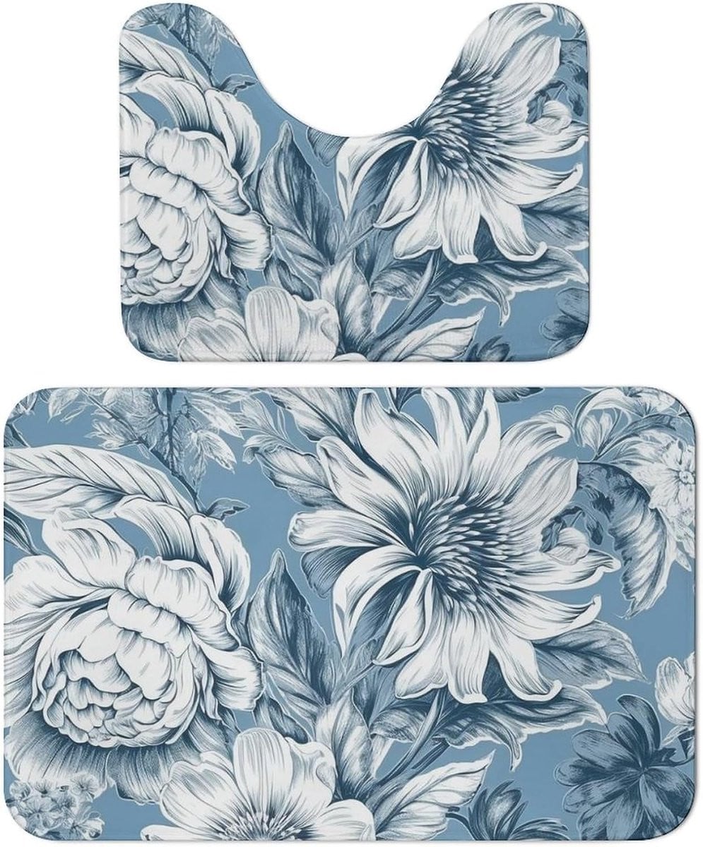 Set van 2 badkamer tapijten in blauw wit met super wateropname