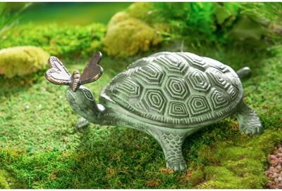 Evergreen 14 in. L Verdigris Metal Garden Statuary, Turtle and Butterfly