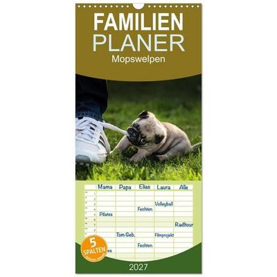 Familienplaner 2027 - Mopswelpen mit 5 Spalten (Wandkalender, 21 x 45 cm) CALVENDO