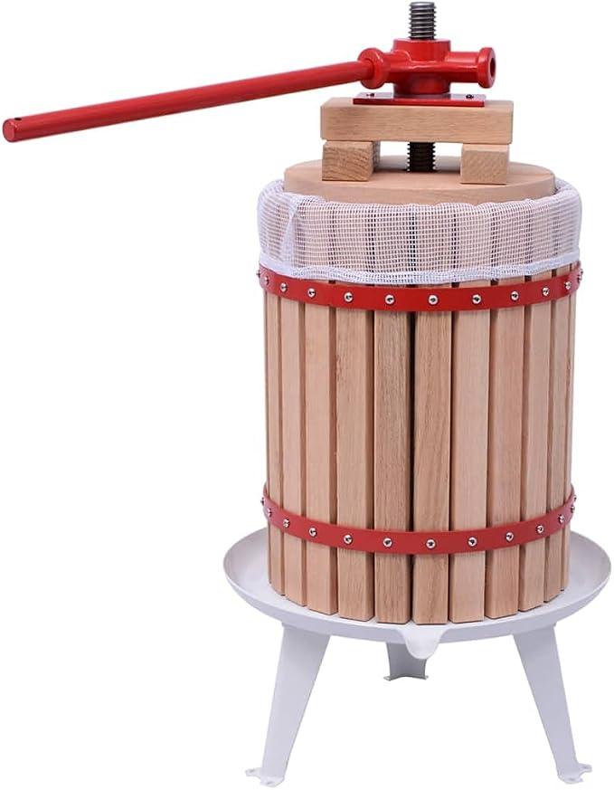 Obst- und Weinpresse 18 L aus massivem Eichenholz und Gusseisen, 370 x 700 mm, mit Stoffbeutel und Ausgießtülle für Weinherstellung, Kelterei, Filtrierung und Abfüllung