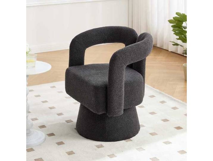 Fauteuil pivotant 360° - LANGTU - Rond Bouclette - Gris foncé - Mousse haute densité - Piètement métal