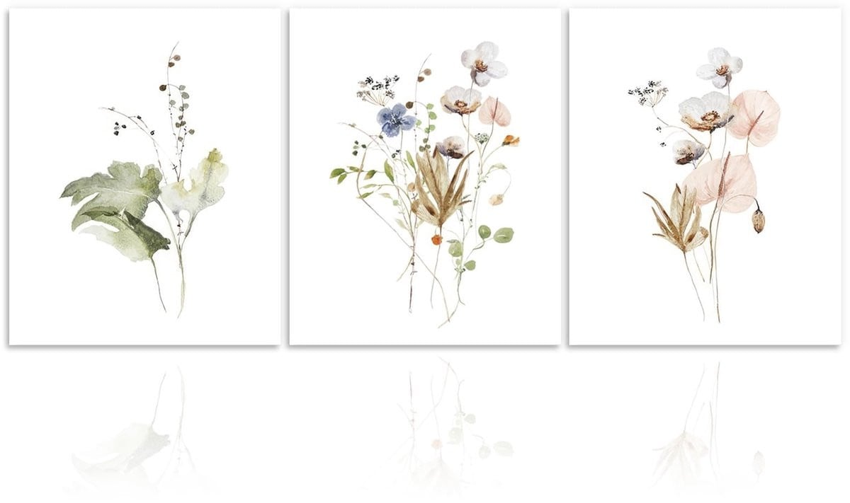 Set van 3 minimalistische canvas muurposters met waterverf bloem illustraties