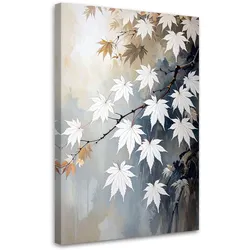 LEINWANDBILD, Blätter des japanischen Ahorns weiß-beige