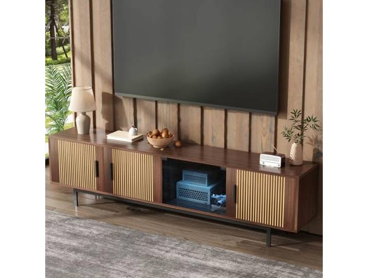 OLIVIBED TV Schrank mit LED, Lowboard Wohnzimmer mit 3 Tür, Fernseher Schrank für Fernseher bis zu 85 Zoll, Fernsehschrank für Wohnzimmer, Schlafzimmer, 200x35x53cm, Walnut Brown und Black