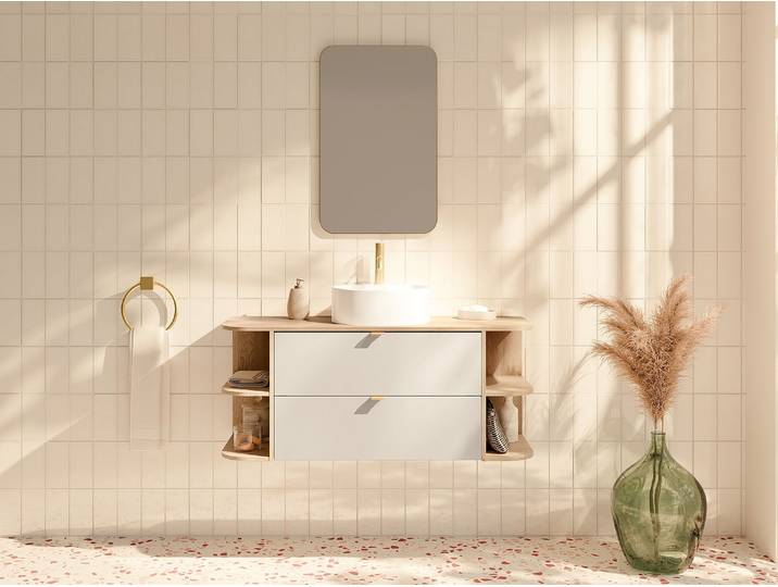 Hängender Badezimmerschrank mit Nischen und rundem Aufsatzwaschbecken - Beige und Naturfarben hell - 120 cm LAVENA