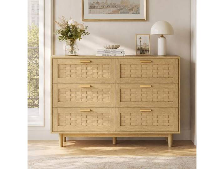 Buffet 115x40x80 cm avec 6 Tiroirs Buffet en Rotin Armoire de Cuisine avec anti-basculement Meuble de Rangement Chêne