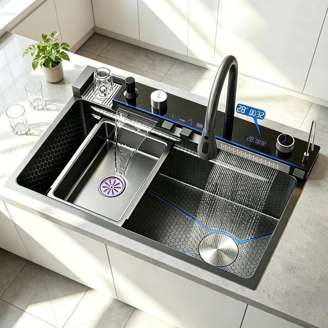 TELISIYA Stainless Steel Kitchen Sink Multifunctionl Workstation Sinks Single Bowl With Accessories Faucet Gun Metal 8046CM-FM