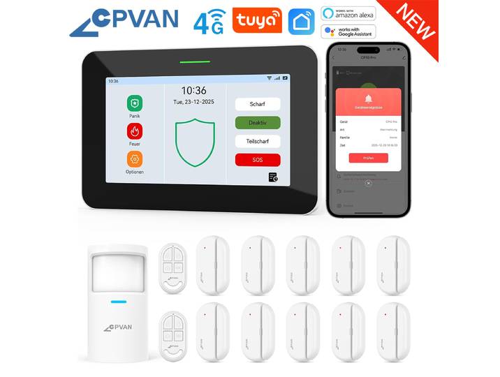 CPVAN-Système d'alarme domestique intelligent, sans fil, Wi-Fi, alarme antivol avec accessoires, prise en charge du contrôle Tuya Smart Life, 7