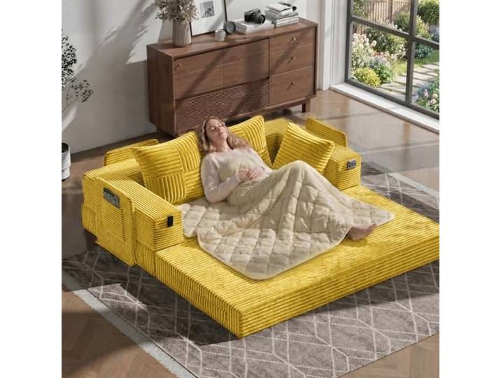 Fabulcozy 4-in-1 Schlafsofa 3-Sitzer mit Aufbewahrungs-Armlehnen, 2-in-1 Kissen-Decke Inklusive, Boneless in Cordvelours, Metallrahmen, Waschbarer Bezug, für Wohnzimmer & Schlafzimmer(Gelb)