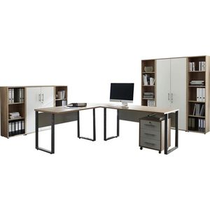 BMG-Möbel Büromöbel-Set Tabor Office 5, Schreibtisch, 2 Schränke & 4 Regale, eiche / weiß