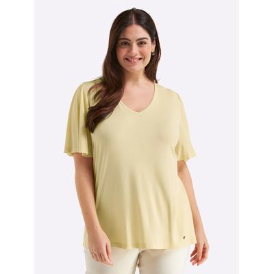 T-Shirt SHEEGO "Kurzarm-Shirt", Damen, Gr. 52/54, gelb (vanille), 95% Viskose, 5% Elasthan, unifarben, V-Ausschnitt, Shirts T-Shirt