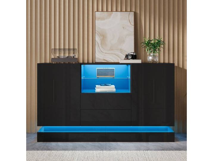 Buffet bas avec LED Buffet moderne Bahut 2 portes 2 tiroirs Meuble de rangement salon 140x40x80 cm 2 étagères en verre Noir
