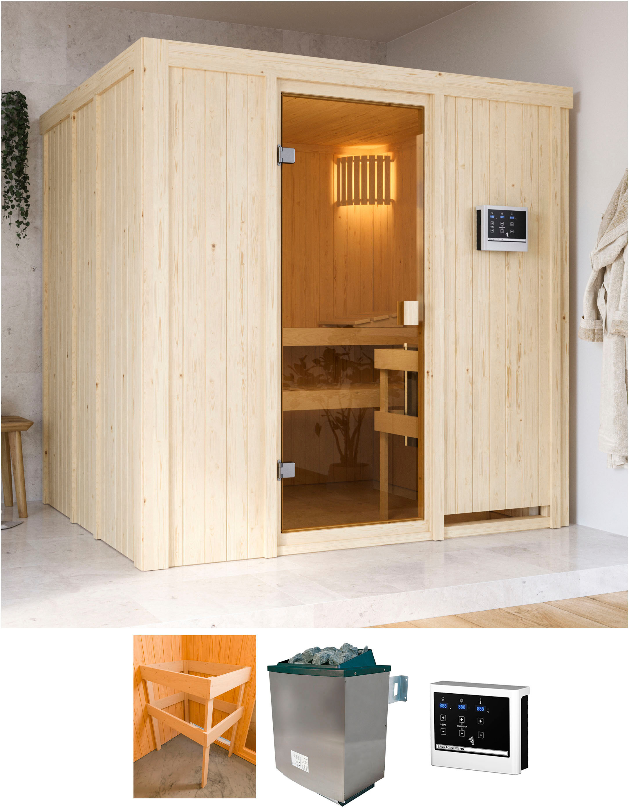 Sauna KARIBU "Tromsö", beige (natur), Bio-Ofen, externe Steuerung, 9 kW, Saunen, Ofen 9 kW Bio externe Strg easy