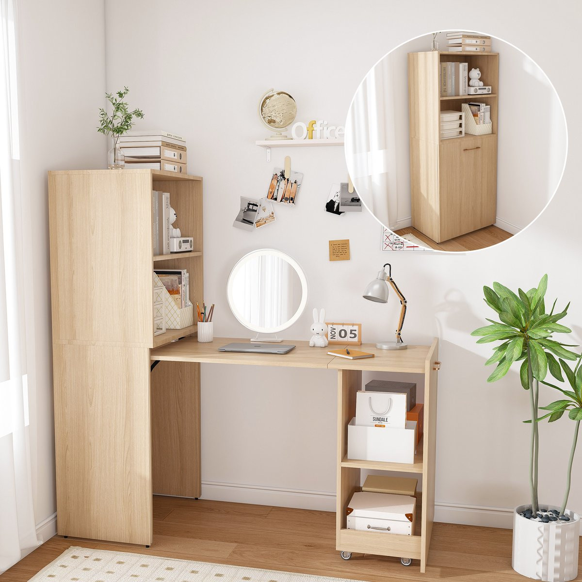 MODFU Uitschuibaar Bureau met Opbergkast en Verstelbare Planken, Natuurkleur