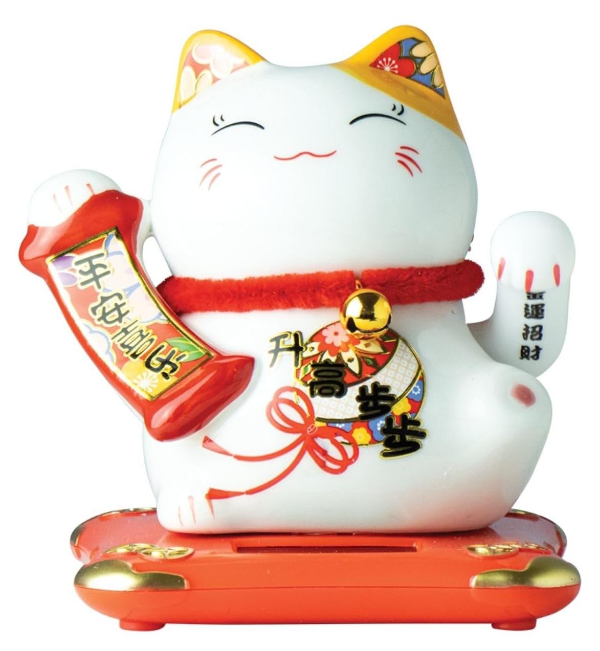 Jade Temple Maneki Neko: Witte zonne-energie aangedreven winkende kat met banner voor op tafel