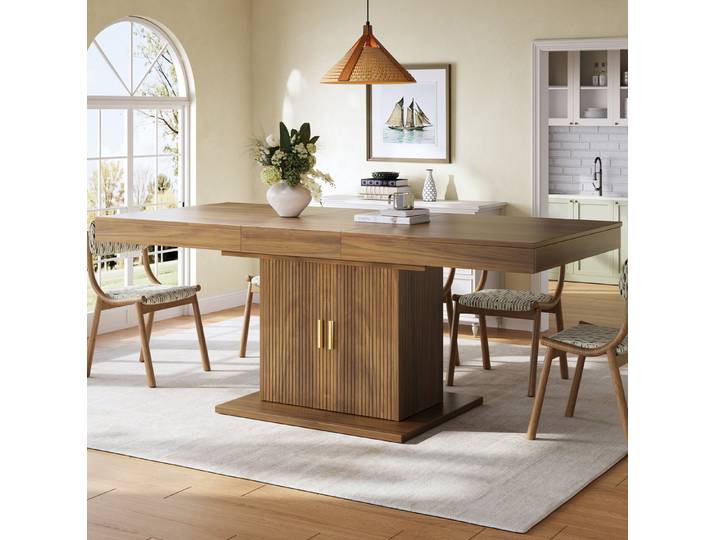 OKWISH Esstisch Ausziehtisch mit Stauraum und Riffeltüren 140–180 cm Nussbaum (Packung, 1-St., Küchentisch mit herausnehmbaren Böden und integriertem Schrank), Esszimmertisch mit ausziehbarer Platte für flexible Raumgestaltung