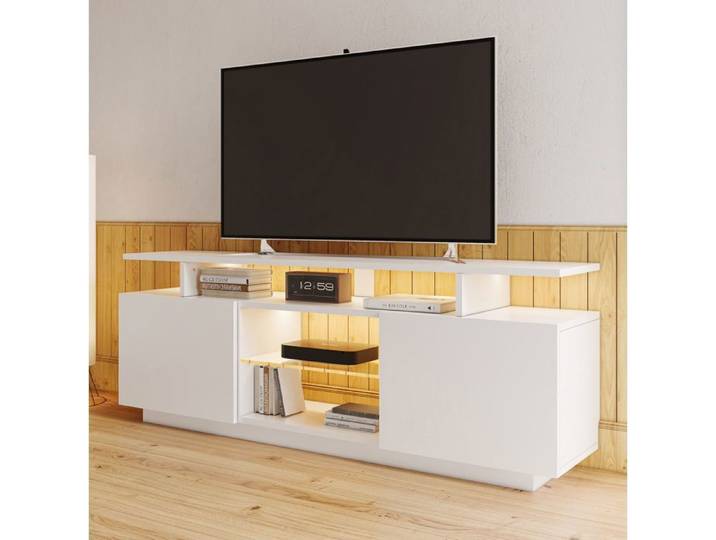 WOVREO Meuble TV 140 cm - LED 16 Couleurs - 2 Portes - 5 Niches Ouvertes - Blanc Brillantes