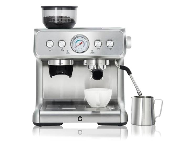 Espressomaschine, 20 bar, mit Mahlwerk, automatische Entkalkung, halbautomatische Espressokocher aus Edelstahl mit Milchaufschäumer, 4 Temperaturen, 2,8 l, abnehmbarer Tank für Küche, Büro