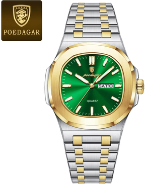 Inspire Essentials POEDAGAR Luxury Square Military Mens Watch Stainless Steel Waterproof Design gold Green