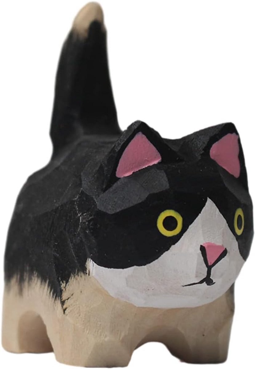Handgesneden Houten Kat Sculptuur - Zwart Wit - Hoogte: 47 cm