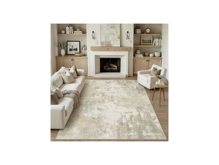 Grand Tapis Beige Salon 200x300cm Abstrait Lavable en Machine Antidérapant Poil Ras Doux Couleur Tapis Chambre Adulte Moderne