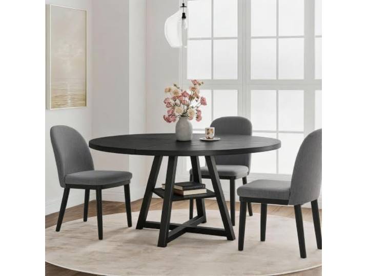 GarveeHome 5-teiliges rundes Esstisch-Set 120 cm mit 4 gepolsterten Stühlen Robustes Eisenholz-Esszimmer-Set, Rund Esggruppe mit Ablageboden, halbrunde Rückenlehnen, für kleine Wohnungen, Küchen