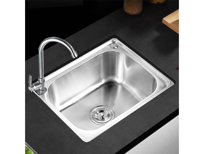 ZQFHSX Edelstahl-Küchenspüle, Einzelbecken, Unterbaumontage, integrierter Ablauf, quadratisches Waschbecken inklusive Zubehör (48x35cm)