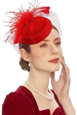Fashion Sheath Vintage Bridal Felt Fascinator Hat With Fishnet Veil And Hair Clip For Weddings And Cocktail Parties red