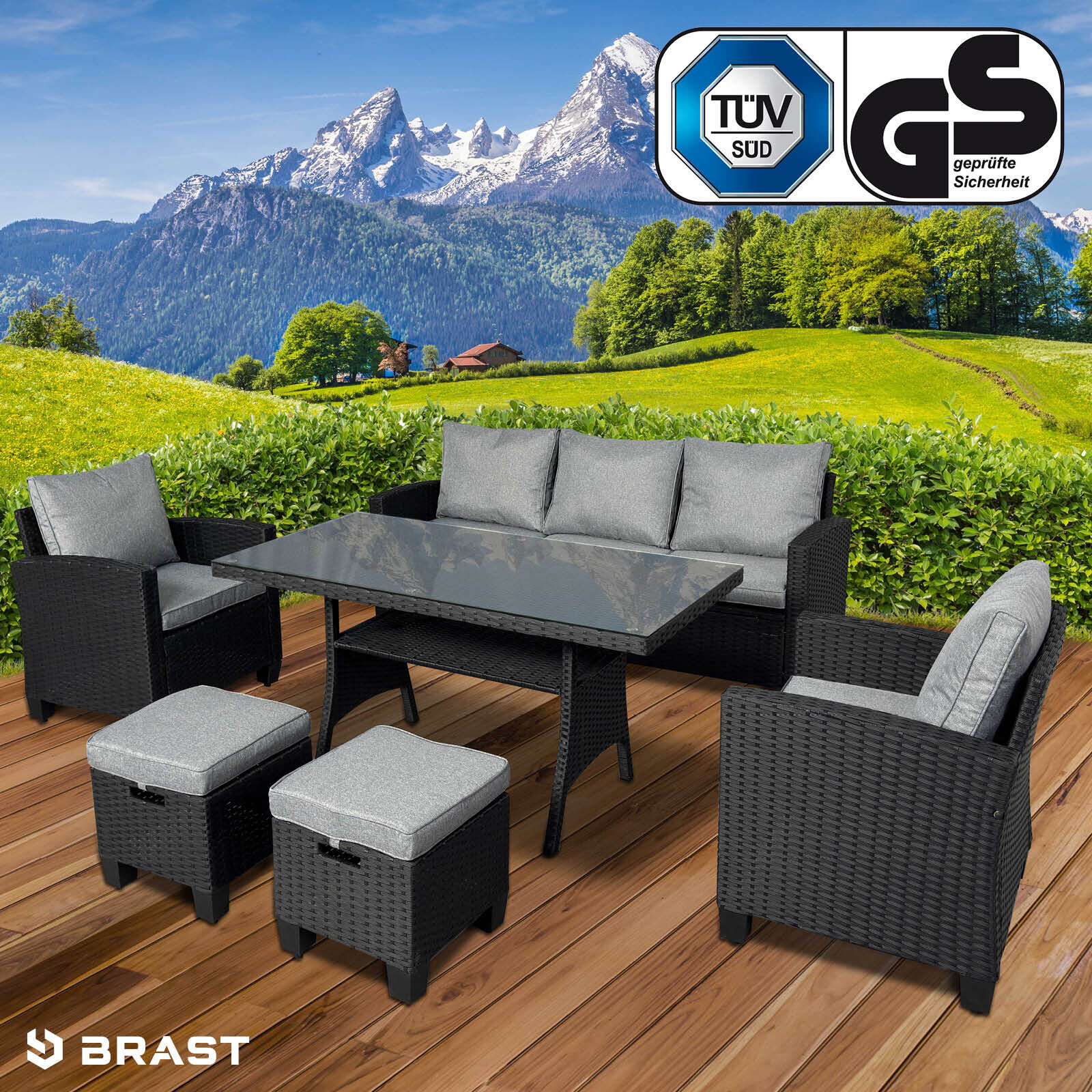 Brast Polyrattan Garten Sitzgruppe DELIGHT-7  schwarz/grau