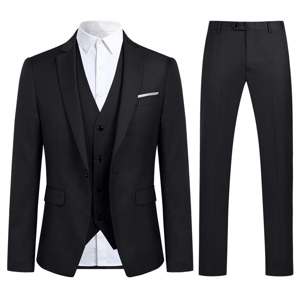 3-teiliger Slim Fit Ein-Knopf-Modeanzug in Schwarz