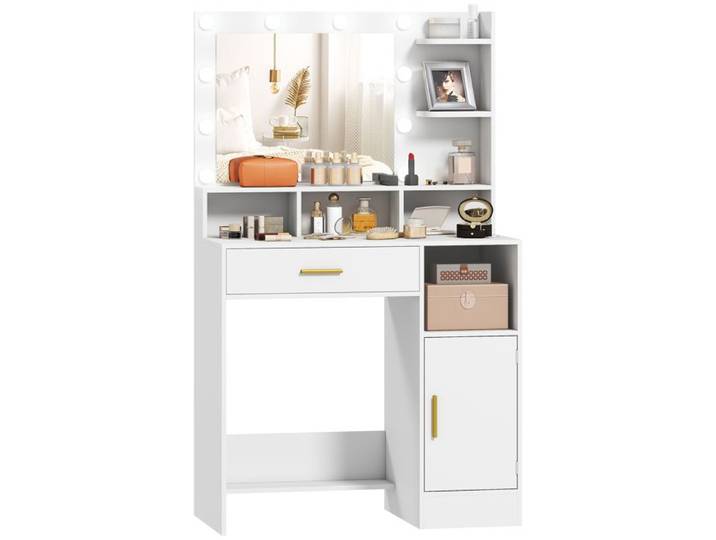 Coiffeuse - HOMCOM - miroir et 10 lumières LED - tiroir placard et étagères ouvertes - MDF - 80x40x135cm - blanc