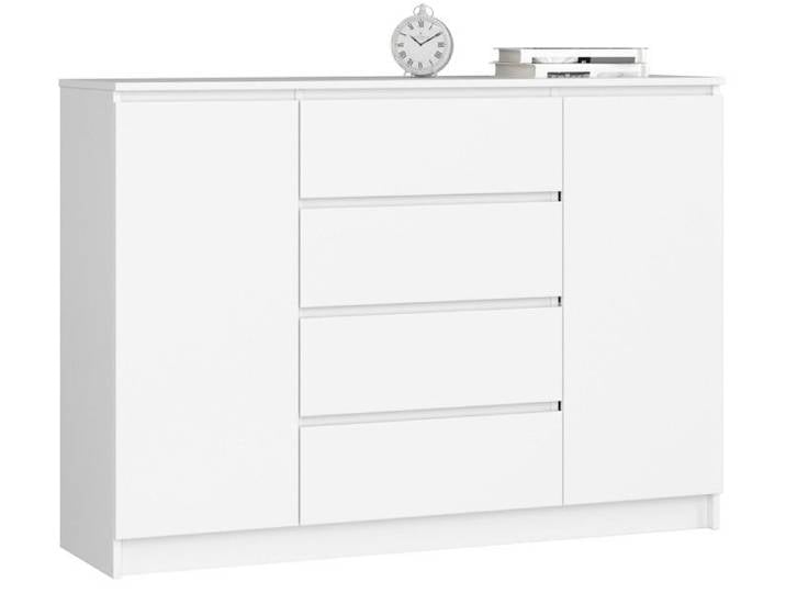 Commode AKORD K140 Blanche 138 cm 2 portes 4 tiroirs façade Blanche 4 étagères 138x40x99 cm