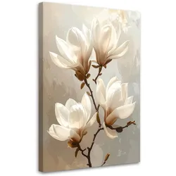 WANDBILD, Weiße Magnolien auf beigem Hintergrund in einer subtilen Komposition