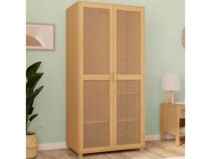 IDMARKET Armoire 2 portes EDHEN bois et cannage penderie 80 cm avec étagères rangement