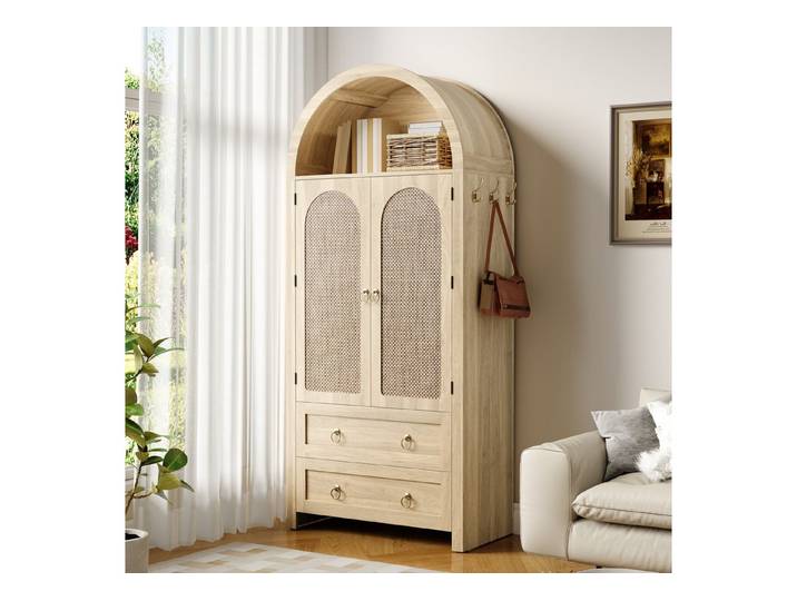 Flieks Kleiderschrank Sideboard 80x40x180cm mit Schubladen & fein geflochtenen Rattantüren