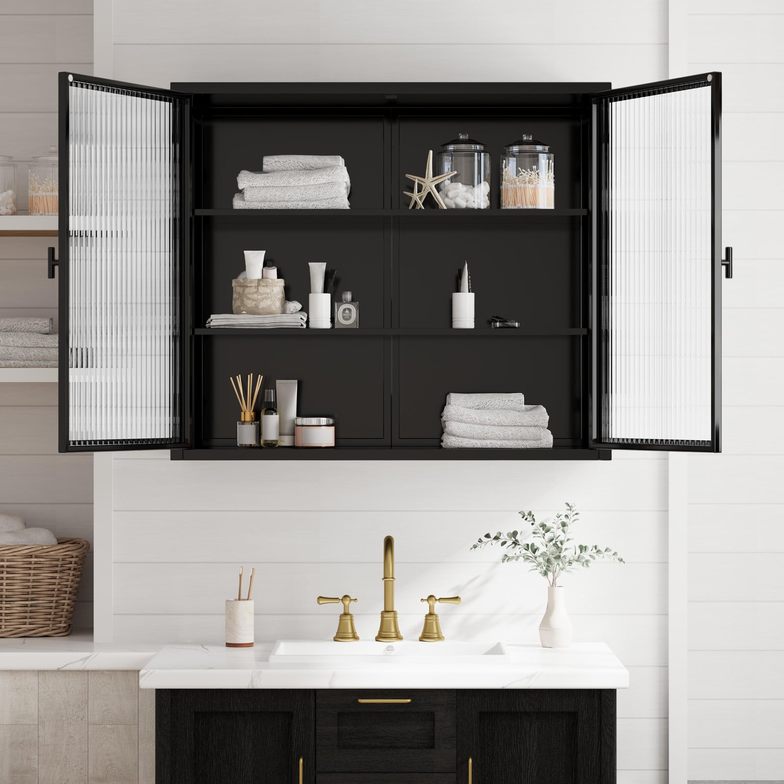 MODFU Wandkast met 3 niveaus en glazen deuren, zwart sideboard voor woonkamer of badkamer