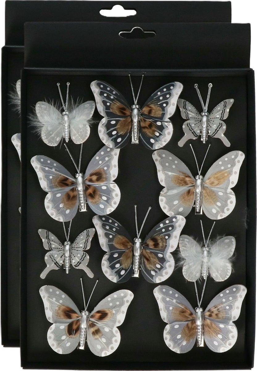 Othmar Decorations Decoratie vlinders op clip - Grijs/Zilver - 5-8 cm