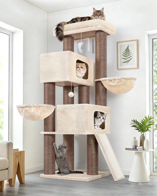 Famanu Kratzbaum Beige für große Katzen - 170 cm hoch, stabile Konstruktion, 2 große Katzenhäuser