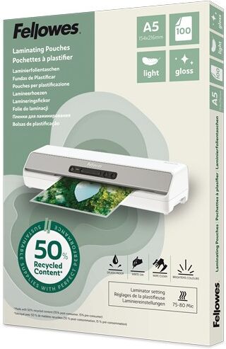 Fellowes Recycled Laminating Pouches 80 Micron (Pack of 100) - A5 Gloss