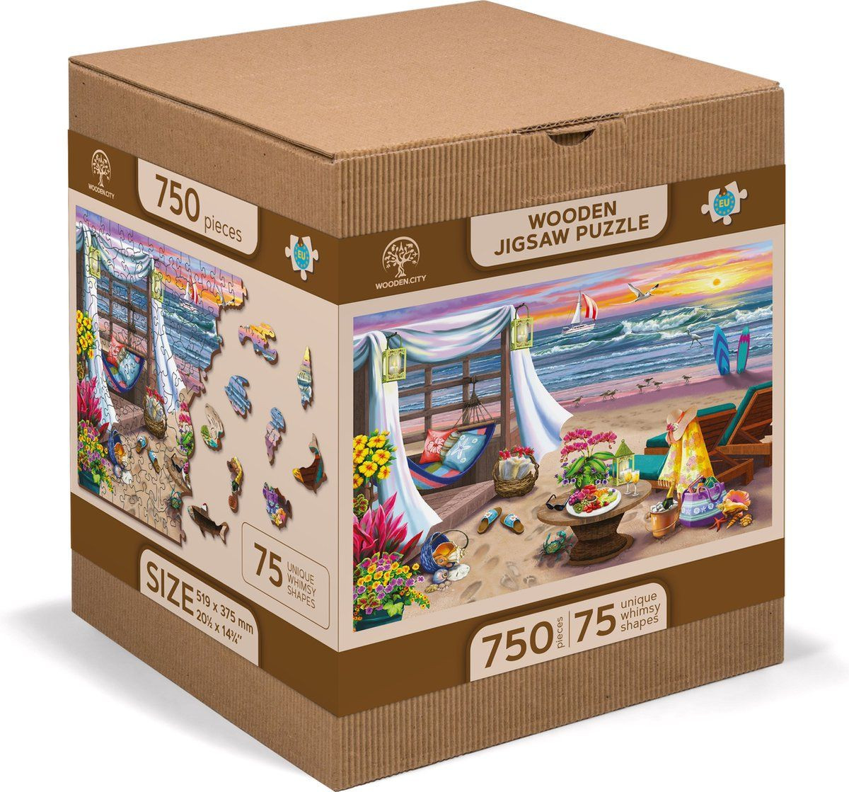 Wooden City Zomertijd XL Houten Vormpuzzel met 750 stukjes, Breedte: 52 cm, Diepte: 37,5 cm