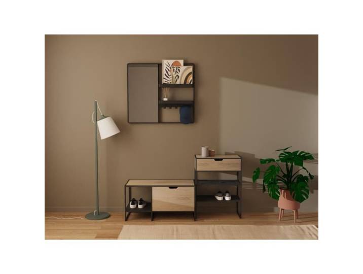Ensemble meubles d'entrée banc console et miroir bois et métal