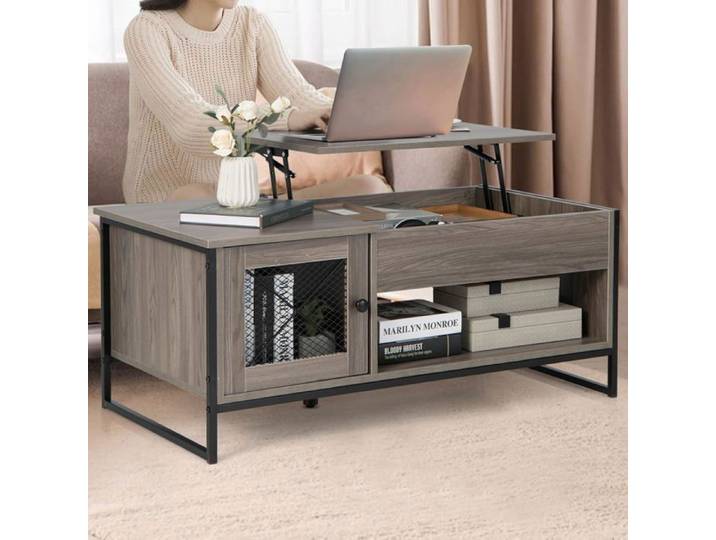 GOPLUS Table Basse à Plateau Relevable Table de Salon avec Tiroir Rangement Caché Charge Maxi. 60KG 104X55X58CM Gris