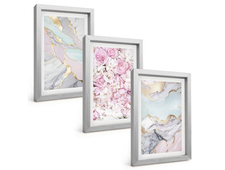 BILDER SET 3er Set - 20x30 cm Silberner Rahmen - Rosa Blumen Marmor Pastell