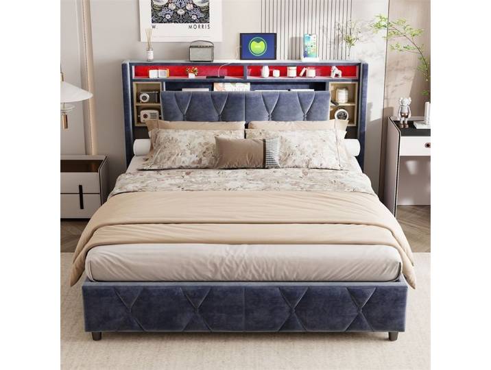 Lit double 140x200cm - Lit coffre 140x200cm avec Tête de Lit Intelligente - Gris - Éclairage LED et ports USB - Sans matelas