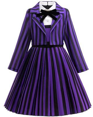 Inspire Select Wednesday Enid Sinclair Girls 2 Pcs Cosplay Dress Kids Striped Party & Halloween Costume Outfit purple 11y 12y 160