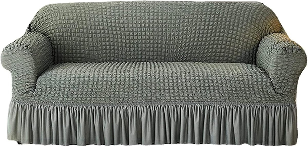 Groene elastische bankhoes voor 3-zits sofa met ruches detail