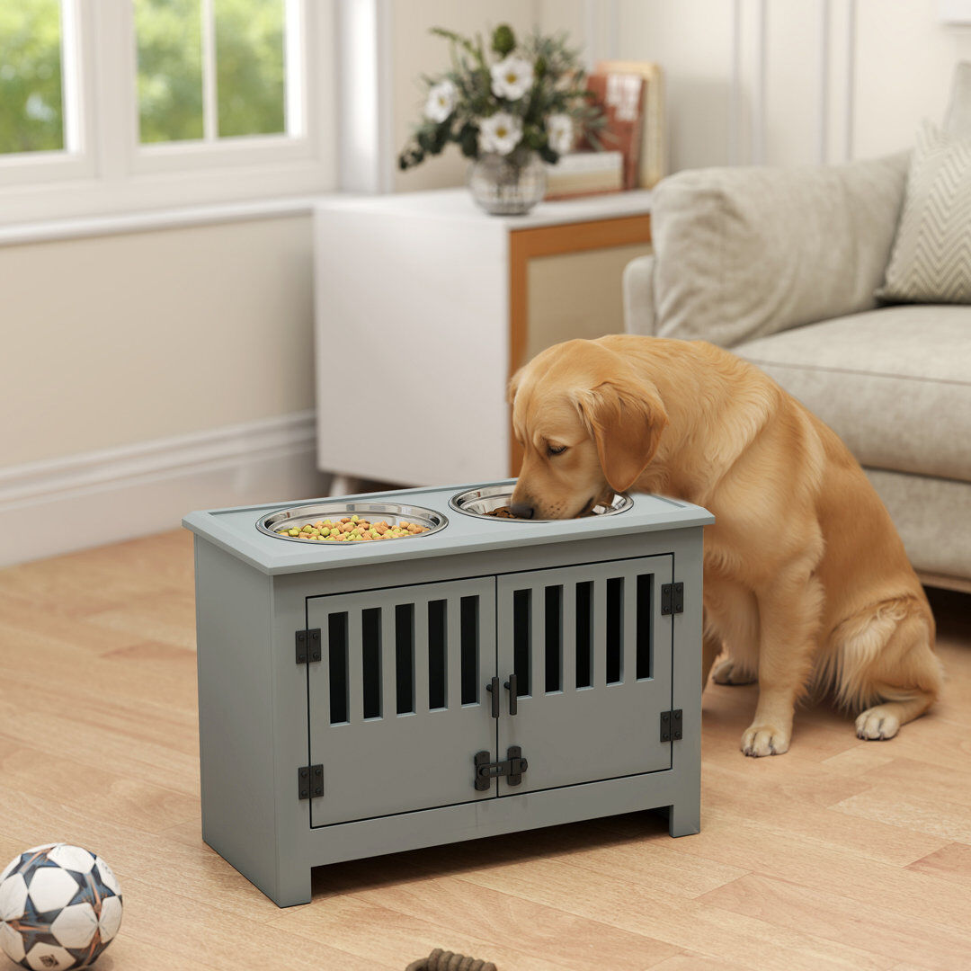 PawHut Raised Dog Bowls for Large Dogs Feeding Station with Stand Storage - Grey Gray 43cm H X 60cm W X 30cm D