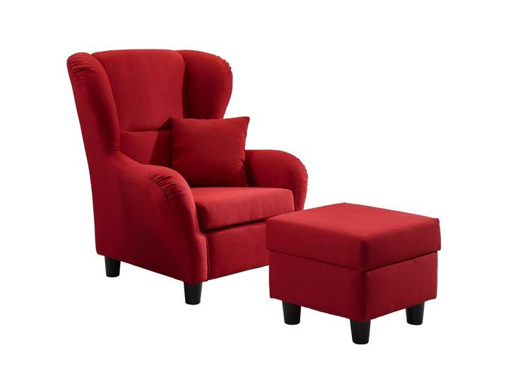 Ohrensessel mit Hocker Landhaus Polster-, TV-, Lesesessel Strukturstoff in Rot / 18002